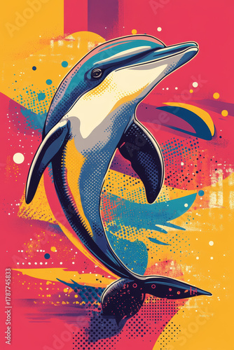 A striking pop art dolphin in mid-air against a colorful backdrop.