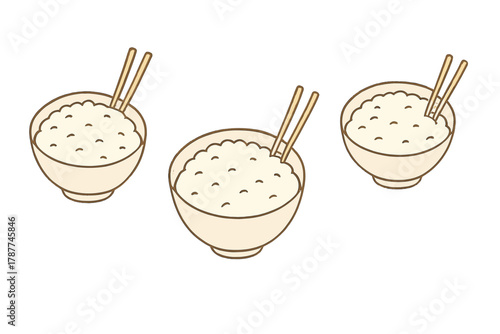Three bowls of cooked white rice served with wooden chopsticks