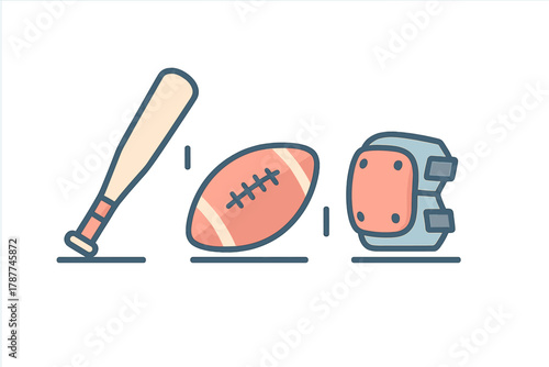 Collection of baseball bat football and knee pad sports equipment icons