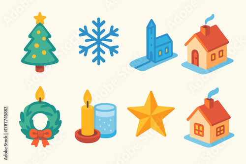 Holiday Icon Tranquility. Holiday Seasonal Stillness modern flat icon set: glowing tree, snowflake, silent street, candlelight, pine wreath, frosted glass, star, cozy home.