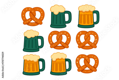 Collection of beer mugs and pretzels icons for festive occasions