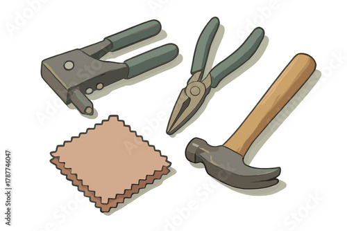 Assortment of essential hand tools: rivet gun, pliers, hammer, and cleaning cloth