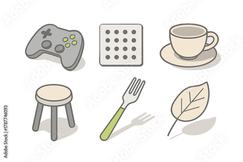Isometric icons of common objects: game controller, stool, and coffee cup