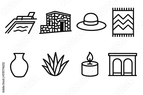 Desert Resort Icons. Modern Desert Resort outline icon set: infinity pool, stone villa, sun hat, woven rug, ceramic vase, desert plant, spa candle, open veranda.