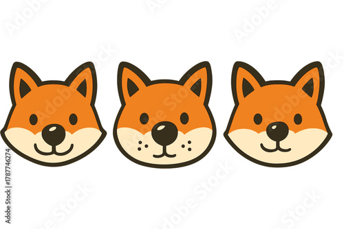Three stylized cute cartoon fox and Shiba Inu dog faces
