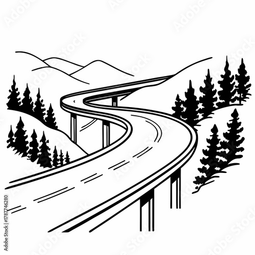 Illustration of a winding elevated road through a mountainous landscape with trees on either side of the road created with generative ai