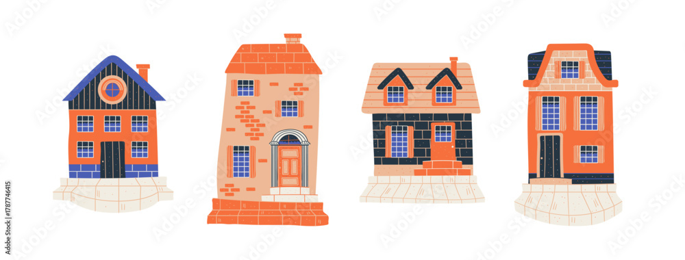 Naklejka premium Doodle set of tiny houses on scandinavian street.