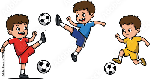 Cartoon boys playing soccer, sports activity, football action, childhood fun, athletic movement, colorful outfits, teamwork, outdoor game, stock image, illustration