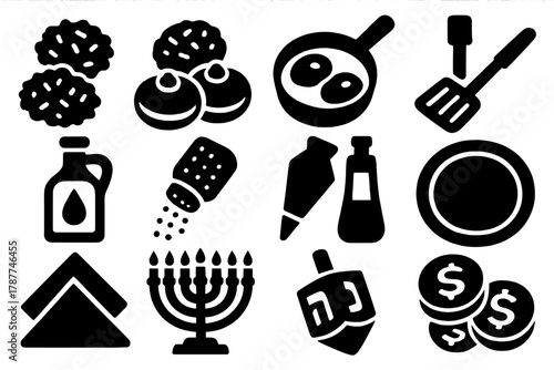 Hanukkah Icon Collection. Hanukkah Treats bold vector icon set: latkes, sufganiyot, frying pan, spatula, olive oil bottle, powdered sugar, jelly filling, plate, napkin, menorah,