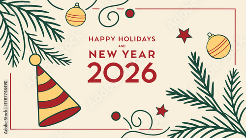 Christmas greetings card with Christmas tree , balloon's  Festive Happy Holidays and New Year 2026 Celebration Vector –.Modern Seasonal Greeting Design in white background