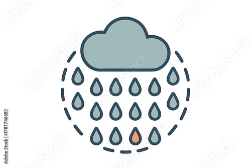 Cloud icon raining water drops with dashed circular outline