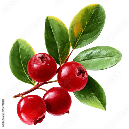 An Icon illustration, vibrant cranberry berry and leaves isolated on a white background, vector, simple flat 2D icon, minimalist design, EPS, simple illustration	