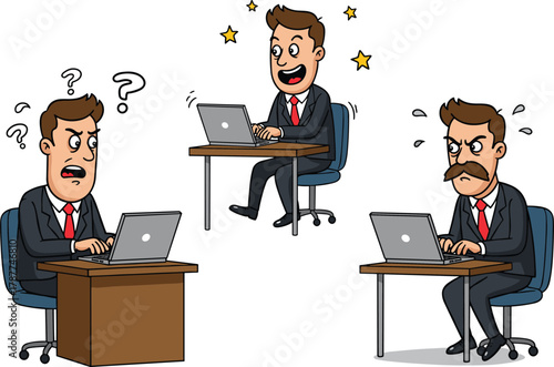 Cartoon businessman emotions, laptop work, office stress, happy reaction, confused expression, workplace mood, character design, stock image, productivity concept