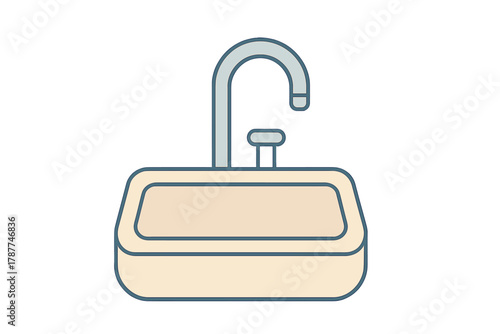 Minimalist bathroom sink basin with curved faucet and handle icon