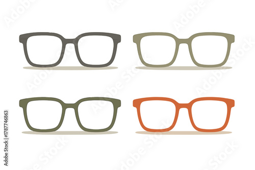 Four rectangular eyeglass frames in distinct modern colors