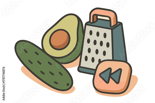 Avocado cucumber and kitchen grater ingredients concept