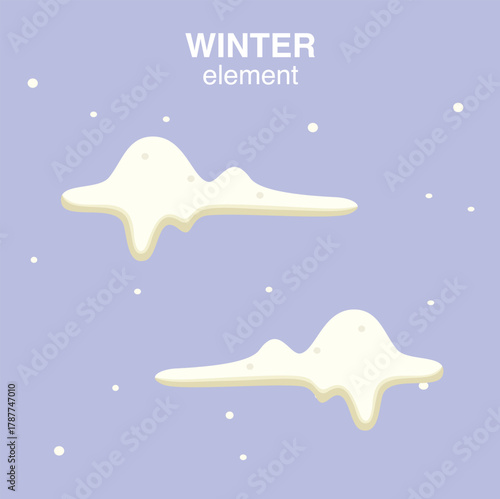 Stylized illustration of two melting snowdrifts on a light purple background with falling snow, labeled "WINTER element".