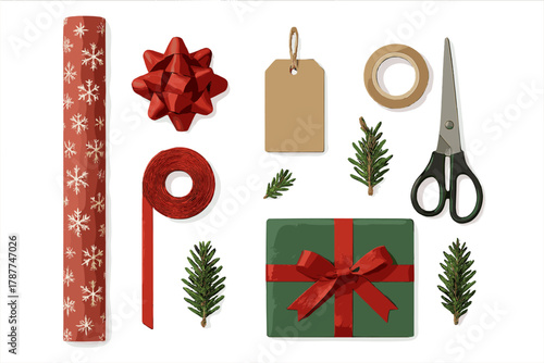 Holiday gift wrapping supplies and decorated present flat lay arrangement
