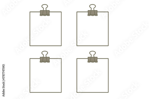 Four blank paper notes attached with binder clips on white background