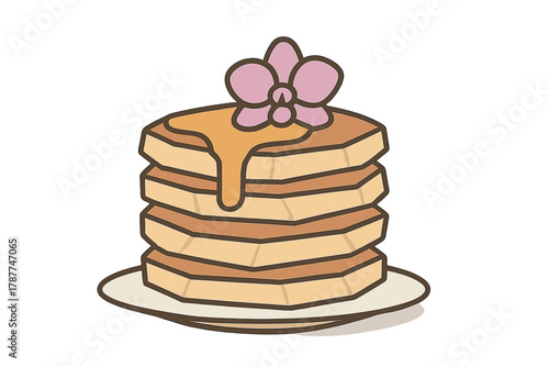 Fluffy pancake stack with golden syrup and orchid flower garnish