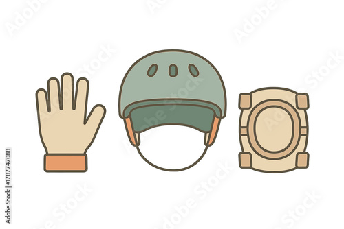 Set of protective gear icons featuring helmet glove and knee pad