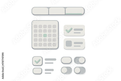 Neumorphism UI elements set including calendar and toggle switches