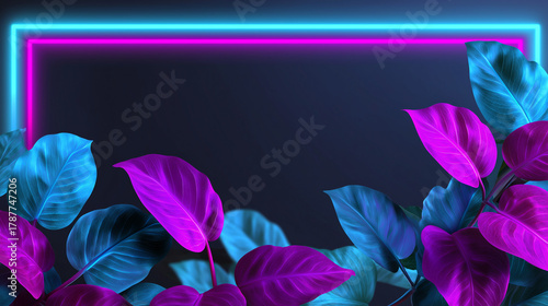 Neon glowing frame surrounded by tropical palm leaves in pink and blue colors.  
