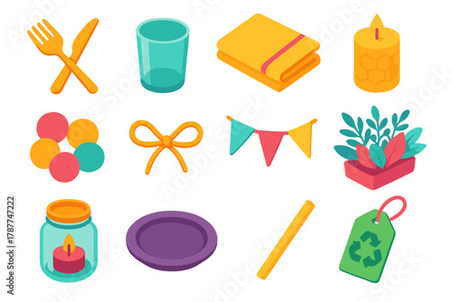 Eco-Friendly Party Icons. Sustainable Party Setting modern flat icon set: reusable cutlery, glass cup, linen tablecloth, beeswax candle, paper confetti, twine bow, cloth bunting,
