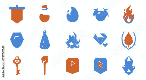 Set of RPG Icons in Blue and Orange with Medieval Game Elements for Fantasy World