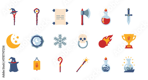 Collection of Game Icons Featuring Fantasy and Magic Elements for Digital Assets