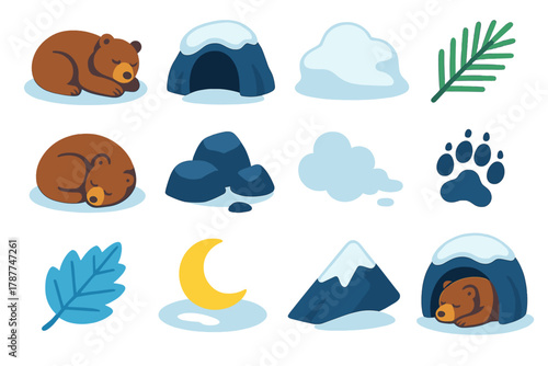 Winter Bear Icons. Winter Bear Den modern flat icon set: resting bear, cave opening, snow drift, pine branch, curled position, rocks, misty breath, paw trail, frosty leaf,