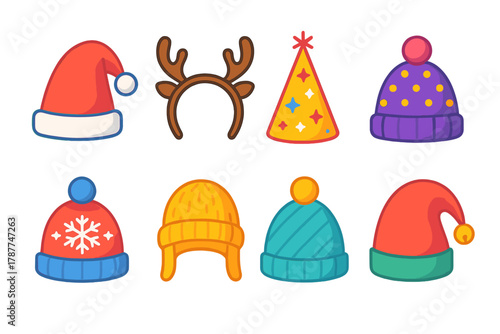 Festive Hat Icons. Festive Hat Styles modern flat icon set: red Santa hat, reindeer antler headband, sparkling party cap, sequin beanie, snowflake pattern hat, knitted ear cap, pom