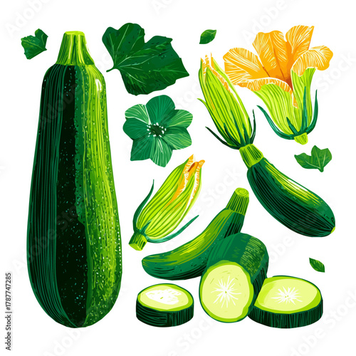 An Icon illustration, Vibrant Green Zucchini Collection isolated on a white background, vector, simple flat 2D icon, minimalist design, EPS, simple illustration	