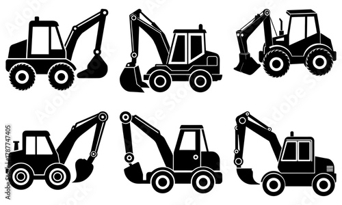 Dynamic excavator construction icons, perfect for engineering projects, infrastructure design, or heavy equipment advertising, originally a vector graphic