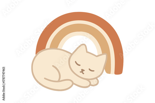 Sleeping kitten resting under warm toned pastel rainbow arc