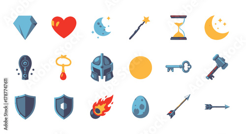 Collection of Fantasy Game Assets with Iconography for UI Design and Pixel Art