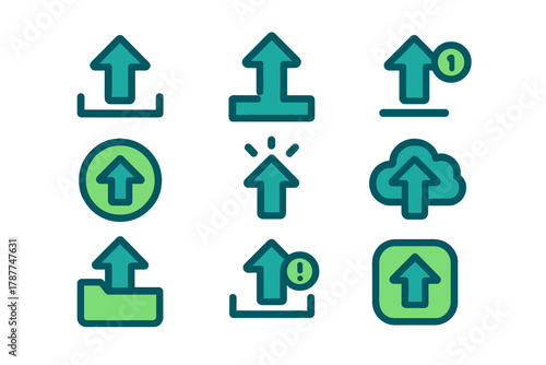 Collection of modern upward arrow icons for data transfer and upload processes