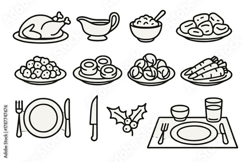 Festive Feast Icons. Christmas Feast outline icon set: roast turkey, gravy boat, cranberry sauce, roasted potatoes, stuffing, Yorkshire pudding, brussels sprouts, carrots, dinner