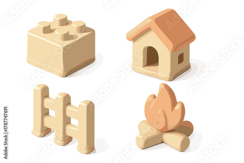 Beige plastic toy building blocks set with house fence and campfire