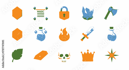 A vibrant collection of flat design vector icons representing essential fantasy game elements, perfect for adventure RPGs, medieval quests, magic systems, and treasure hunts