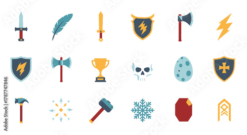 A collection of flat design fantasy role-playing game icons featuring weapons, armor, magic, and adventure symbols