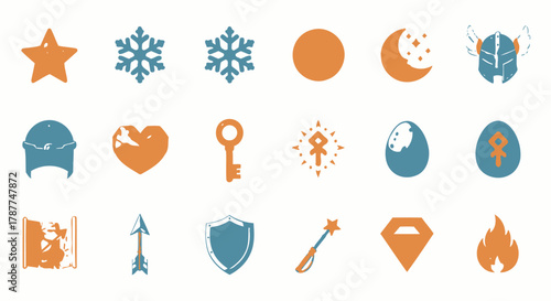 A dynamic collection of conceptual game and app icons featuring celestial, fantasy, and everyday elements in a modern, flat graphic style, perfect for diverse digital projects