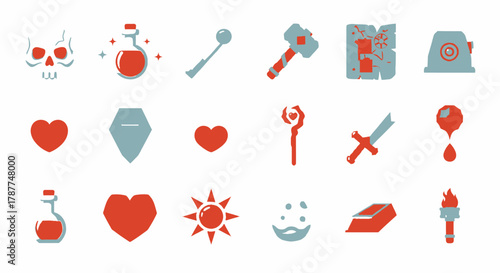 A conceptual set of flat design icons for a fantasy RPG video game interface, featuring elements like health, weapons, magic, and treasure