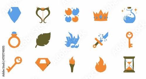 A vibrant collection of fantasy game icons and magical UI elements, featuring treasures, weapons, and arcane objects perfect for digital adventures and user interface design