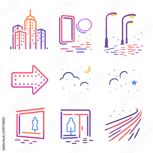Urban Neon Icons. Urban Neon Glow modern flat icon set: city skyline, glowing signs, streetlights, reflections on wet pavement, neon arrow, shop window, night sky, light trails.