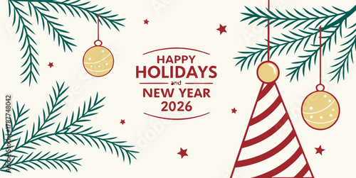 Christmas greetings card with Christmas tree , balloon's  Festive Happy Holidays and New Year 2026 Celebration Vector –.Modern Seasonal Greeting Design in white background