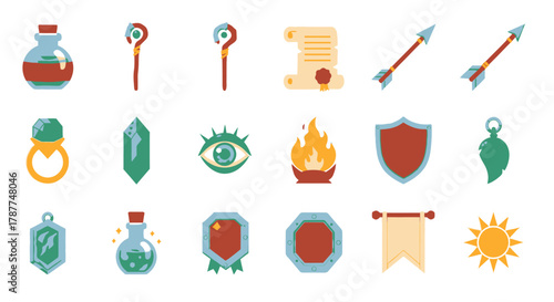 Magical Icon Set Enchanted Potions, Mystical Staffs, and Mythical Symbols for Design