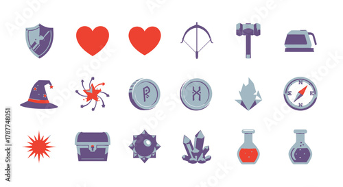 Set of fantasy role-playing game icons for user interface design, featuring magic, combat, and treasure elements for digital adventures