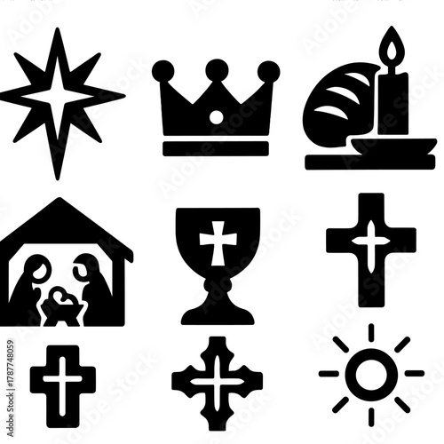 Brutalist Epiphany Icons. Epiphany Traditions bold vector icon set: star symbol, king’s crown, sacred bread, candlelit table, nativity scene, holy cup, cross ornament, bright glow.