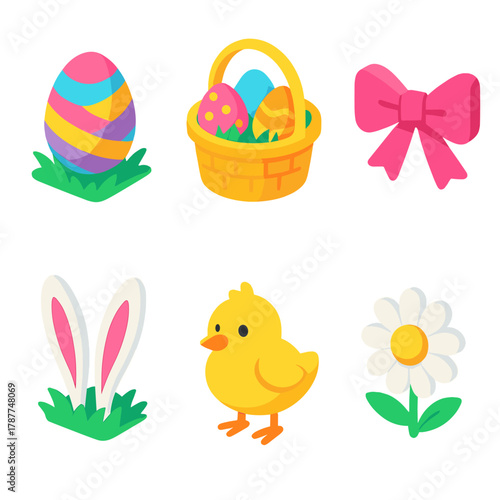 Easter Icon Set. Festive Easter modern flat icon set: egg hunt, grass basket, bow, bunny ears, chick, daisy.